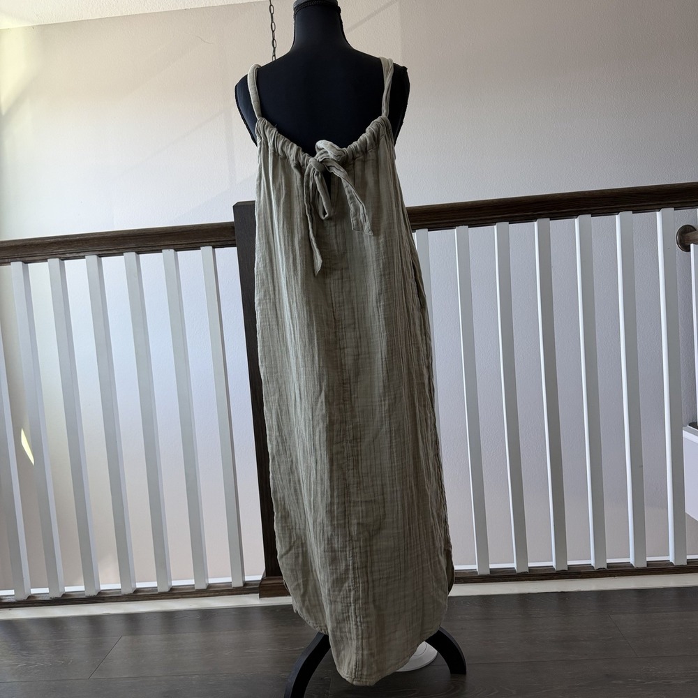 Old Navy NWT‎ 100% Cotton Gauze Olive Green Pocket Boho Lagenlook Maxi Dress XS - Picture 2 of 7